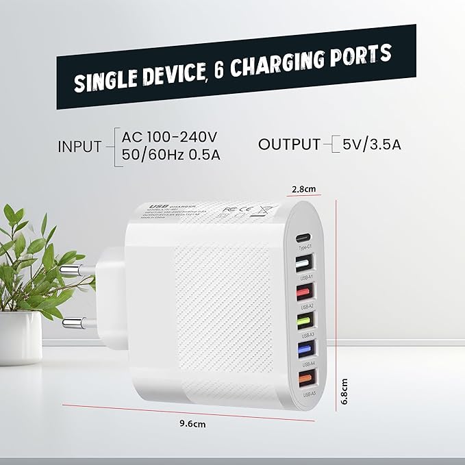 65W USB C USB A 6-in-1 Charger, 6-Port Power Supply, Adapter for All Mobile Phone Models and Tablets, iPhone iPad Samsung Galaxy, Xiaomi, Huawei, Steam Deck, Charging Plug.