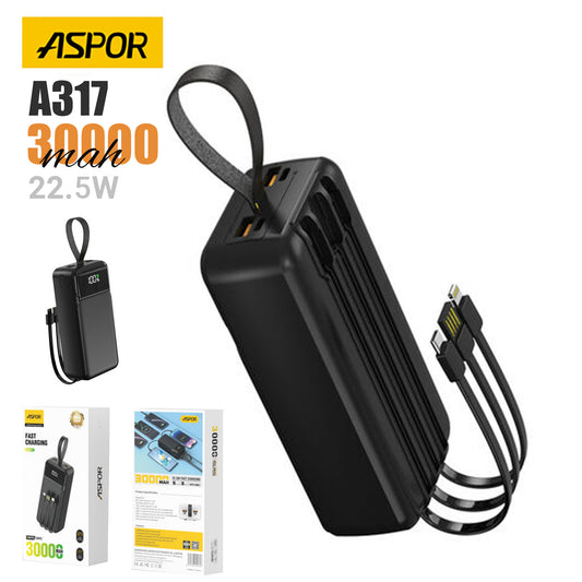 ASPOR A317 22.5W 30000MAH FAST CHARGING POWER BANK WITH 3 CABLES BLACK.