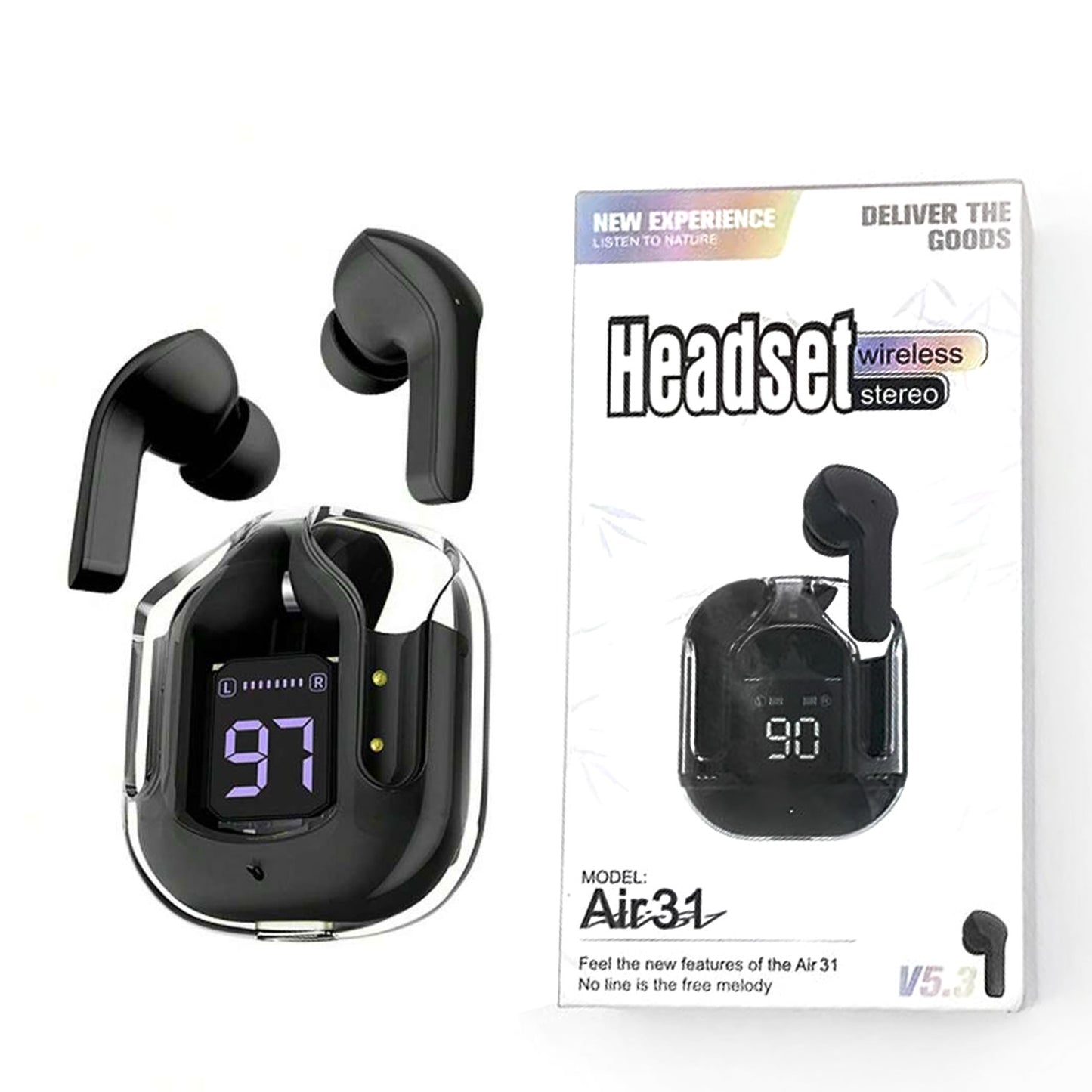 AIR 31 TWS ORIGINAL WITH BIG PACKING TRANSPARENT EARBUDS BLUETOOTH 5.3V Black.