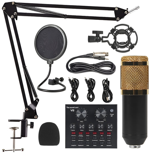 V8 Bm-800 Podcast Mic Set With Live Sound Card,Condenser Microphone With Rechargeable 12 Kinds Of Auxiliary Background For Karaoke Singing, Youtube Recording Mic.