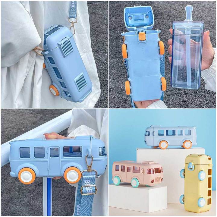 Bus Shaped Water Bottle For Kids With Straw 500ML Bus Shape Toy Car Water Bottle Bus Water Bottle for Kids