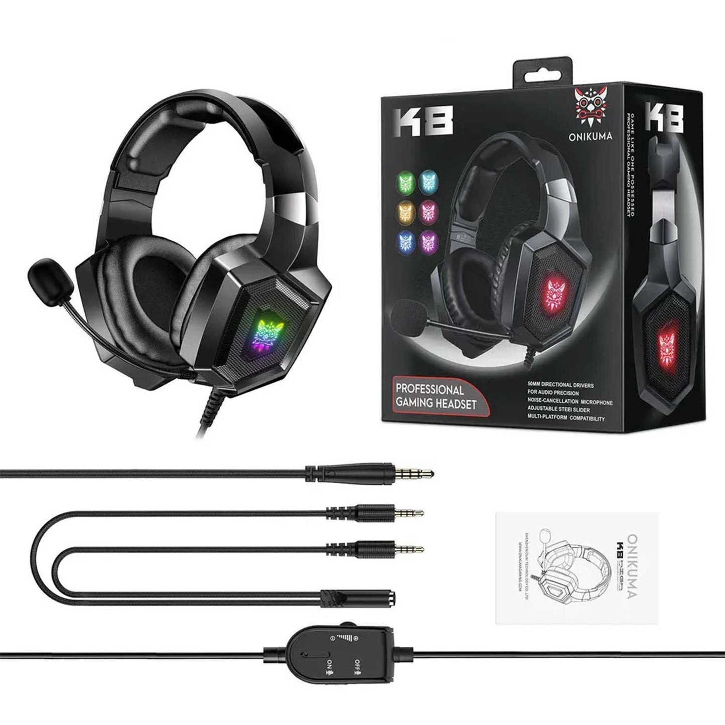 ONIKUMA K8 RGB GAMING HEADPHONE OVER-EAR HEADSET WITH MICROPHONE VOLUME CONTROL HEADPHONES RGB LED LIGHTS.