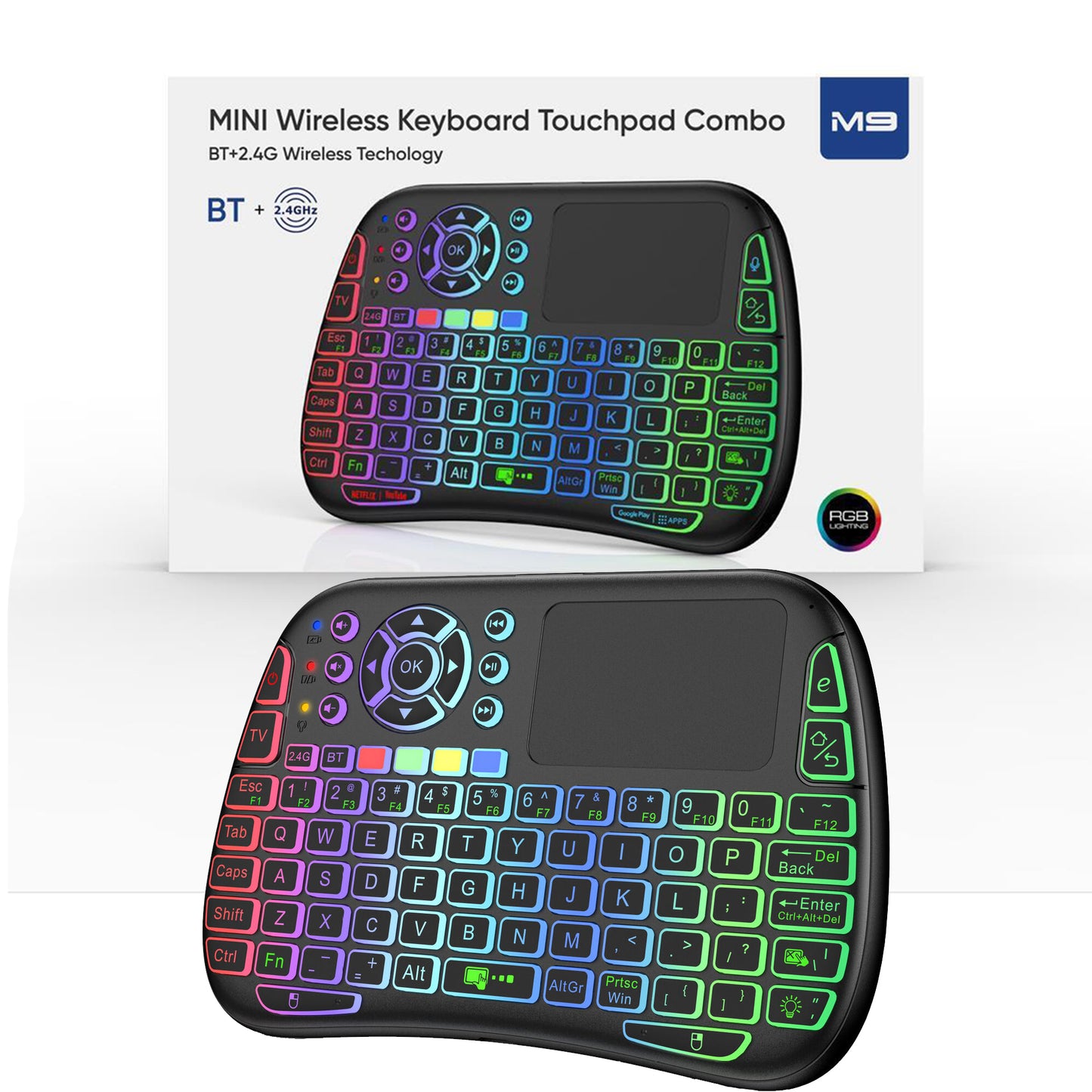 M9 BLUETOOTH MINI WIRELESS KEYBOARD 7 BACKLIT 2.4G AIR MOUSE REMOTE TOUCHPAD