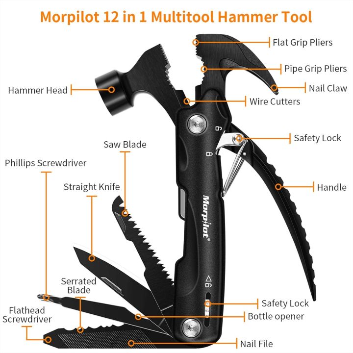 Morpilot Multitool Hammer All in One Tool for Camping Hiking Hunting Survival EDC with Screwdriver Plier Knife Bottle Opener Safety Lock Belt Pouch