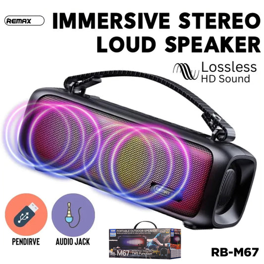 REMAX RB-M67 PORTABLE SUPER BASS WIRELESS SPEAKER WITH RGB LIGHTS.