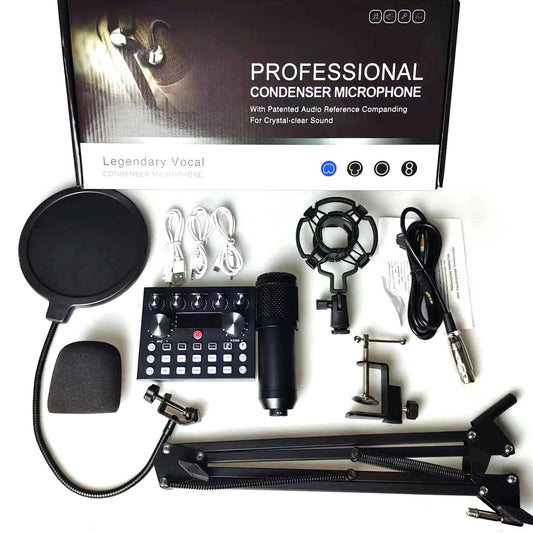 BM800 V10 PODCAST CONDENSER MICROPHONE SET WITH LIVE SOUND CARD, RECHARGEABLE 12 KINDS OF AUXILIARY BACKGROUND FOR KARAOKE SINGING, YOUTUBE RECORDING MIC.