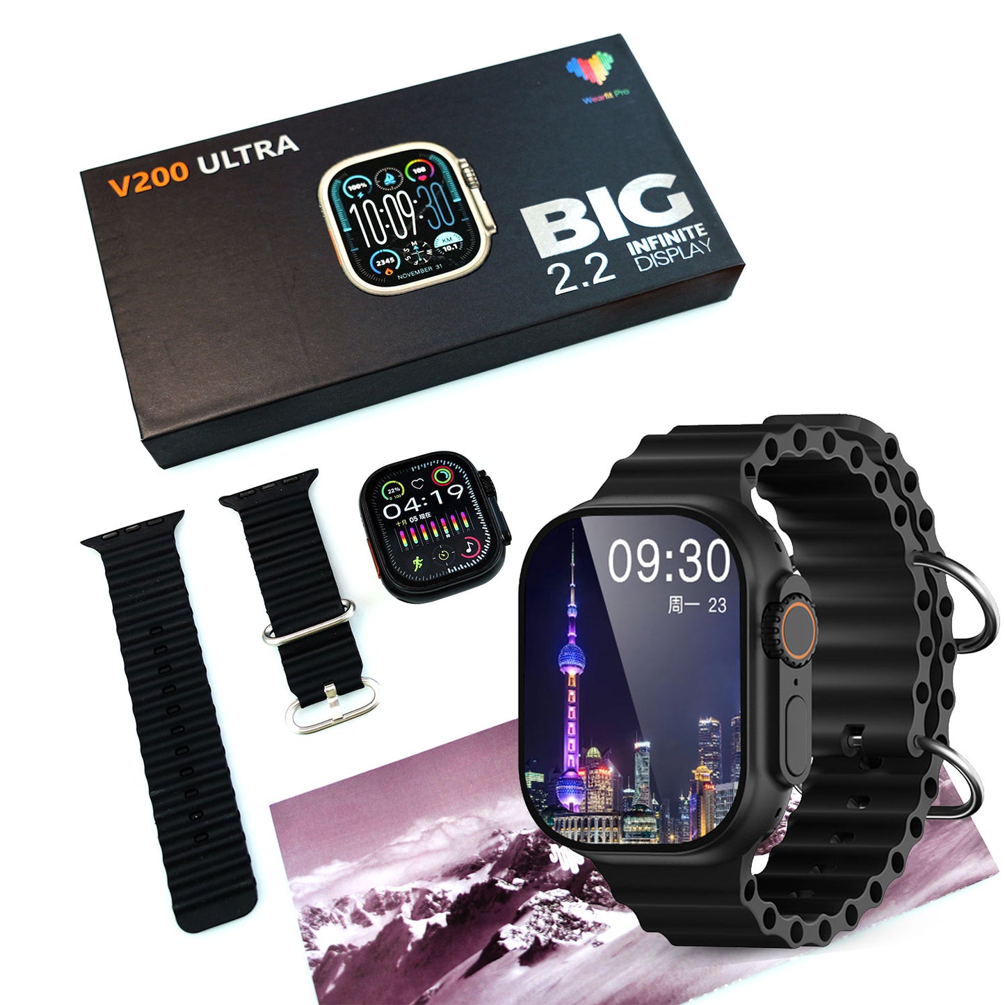 V200 NEW FASHION ULTRA 2.2 LARGE SCREEN IP68 WATERPROOF SPORT SMART WATCH WITH WearFit pro APP BLACK.