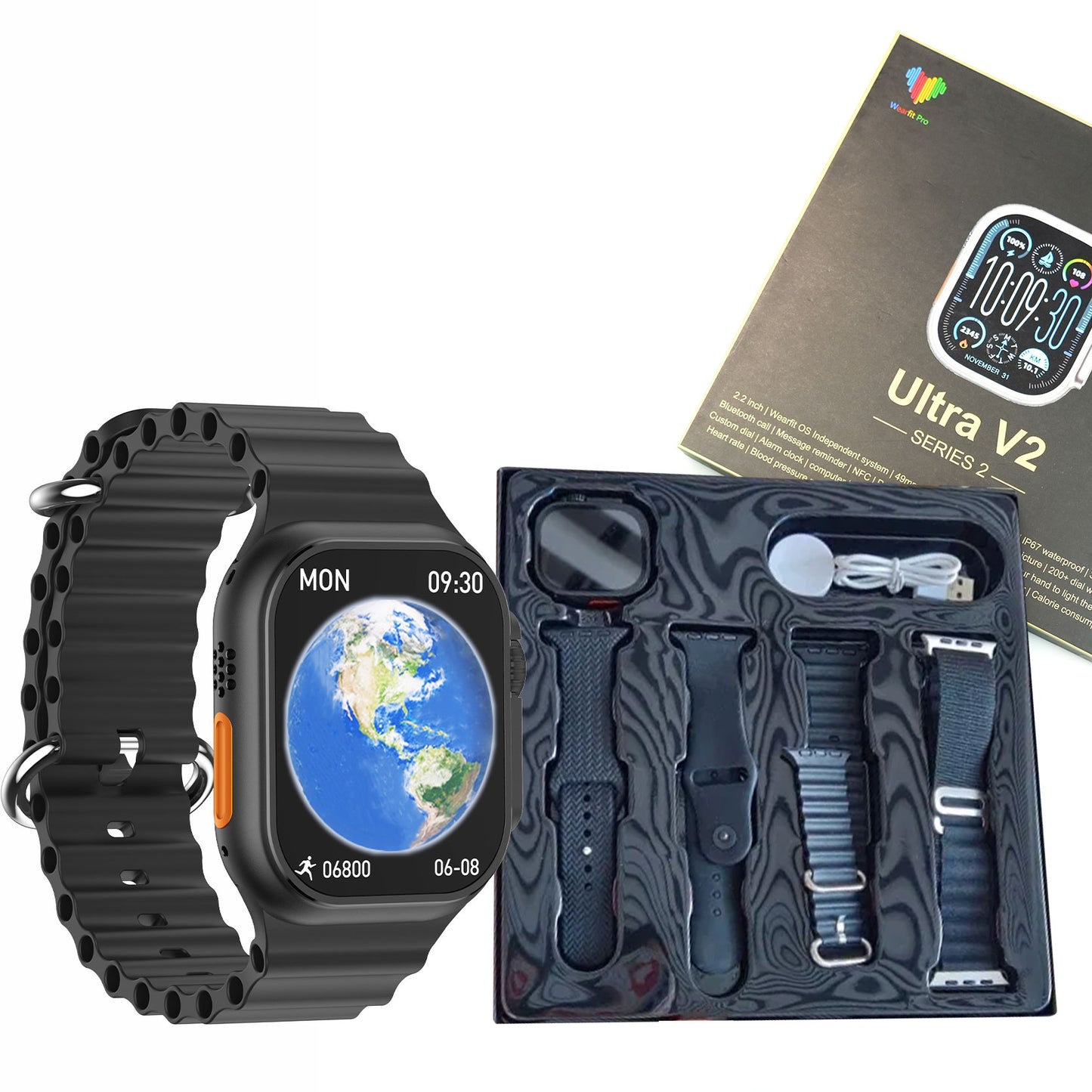 ULTRA V2 NEW FASHION 2.2 LARGE SCREEN WITH 4 STRAPS SMART WATCH WITH WearFit Pro APP BLACK.