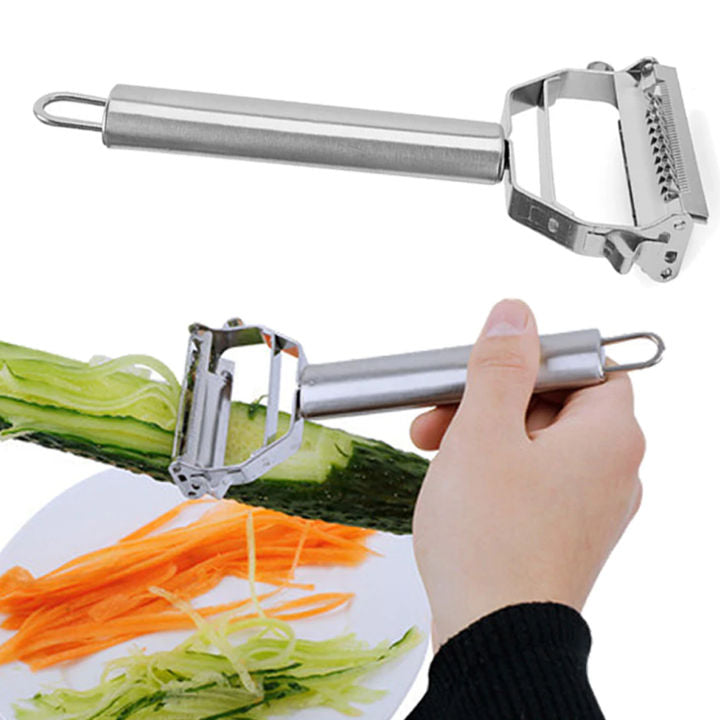 High Quality Julienne Peeler & Vegetable Peeler with Special Stainless Steel Dual Blade Grater Kitchen Accessories Tools For Delicious Salads, Vegetable cutter and Knife - Silver